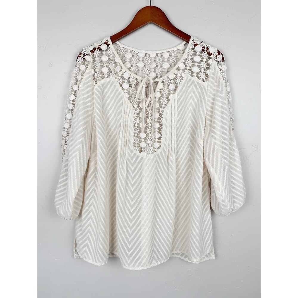 Bila Crochet Lace Trim Blouse Semi Sheer Beige 3/4 Sleeve Top Womens XL Cover Up